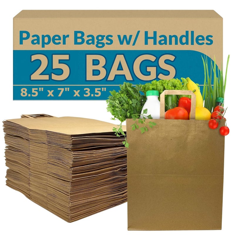 Aakriti Strap Handle Paper Grocery Bags w/Handles Paper Grocery Bags, Shopping Bags w/Handles - Heavy Retail Bags, Return Gift Bag, Kraft Paper Bags (Brown-25 Bags, Small: 8.5" x 7" x 3.5") - Image 1