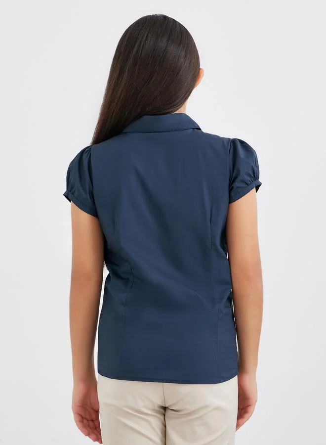 Styli Girls School Uniform Navy Blue Cotton Puff Sleeves Shirt