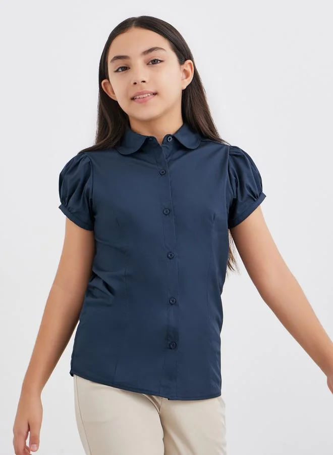 Styli Girls School Uniform Navy Blue Cotton Puff Sleeves Shirt