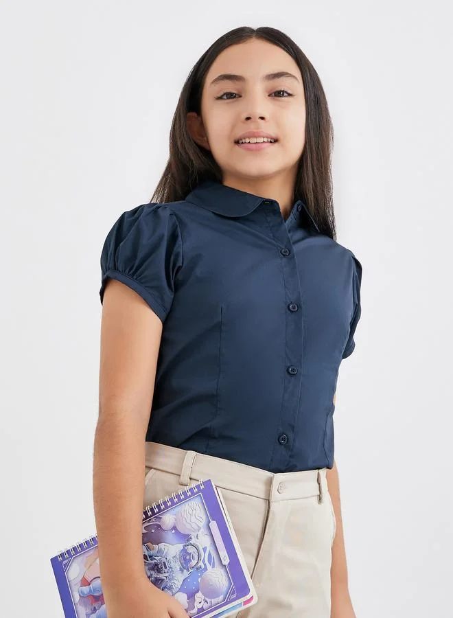 Styli Girls School Uniform Navy Blue Cotton Puff Sleeves Shirt