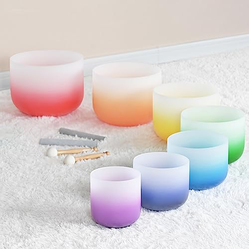 Lycrystal 432HZ 7PCS Set Of 6-12 Inch Aria Gradient Design Frosted Quartz Crystal Singing Bowls With 2 PCS Travel Carry Case Bag. - Image 2