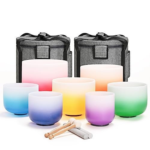 Lycrystal 432HZ 7PCS Set Of 6-12 Inch Aria Gradient Design Frosted Quartz Crystal Singing Bowls With 2 PCS Travel Carry Case Bag. - Image 1