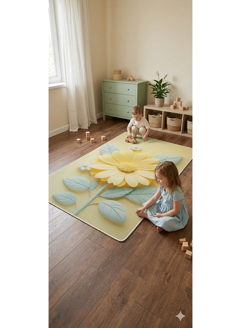 3D Modern Kids Room Rug Alternative - Yellow Sunflower Design - 120x180 cm - Anti-Slip Backing & Washable - Image 1