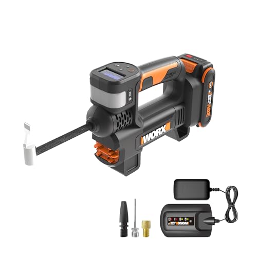 WORX Tire Inflator Portable Air Compressor, Cordless Air Pump for Car Tires, Motorcycle & Balls, 20V 150 PSI Bike Pump with Digital Pressure Gauge & Auto Shut-Off, Battery & Charger Included, WX092L - Image 1