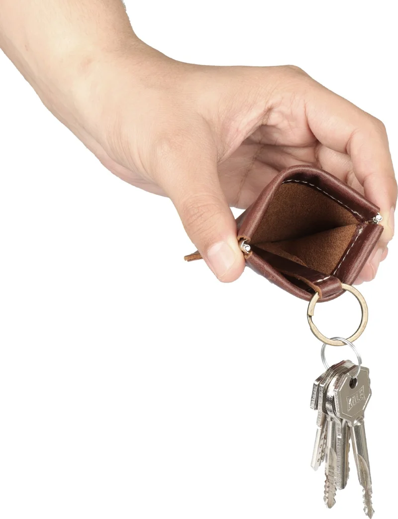 Londo Genuine Leather Retro Design Spring Mechanism Pouch Keychain Brown
