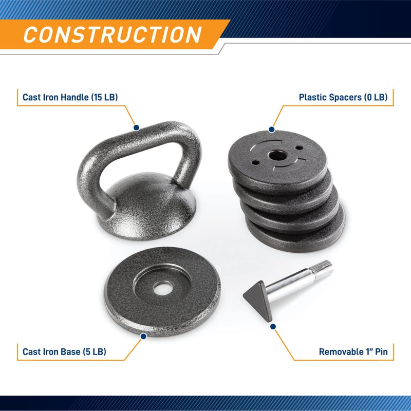Apex Adjustable Heavy-Duty Kettlebell Weight for Strength Training and Weightlifting, Ideal Home Gym Equipment, Cast Iron, Grey APKB-5009 - Image 3
