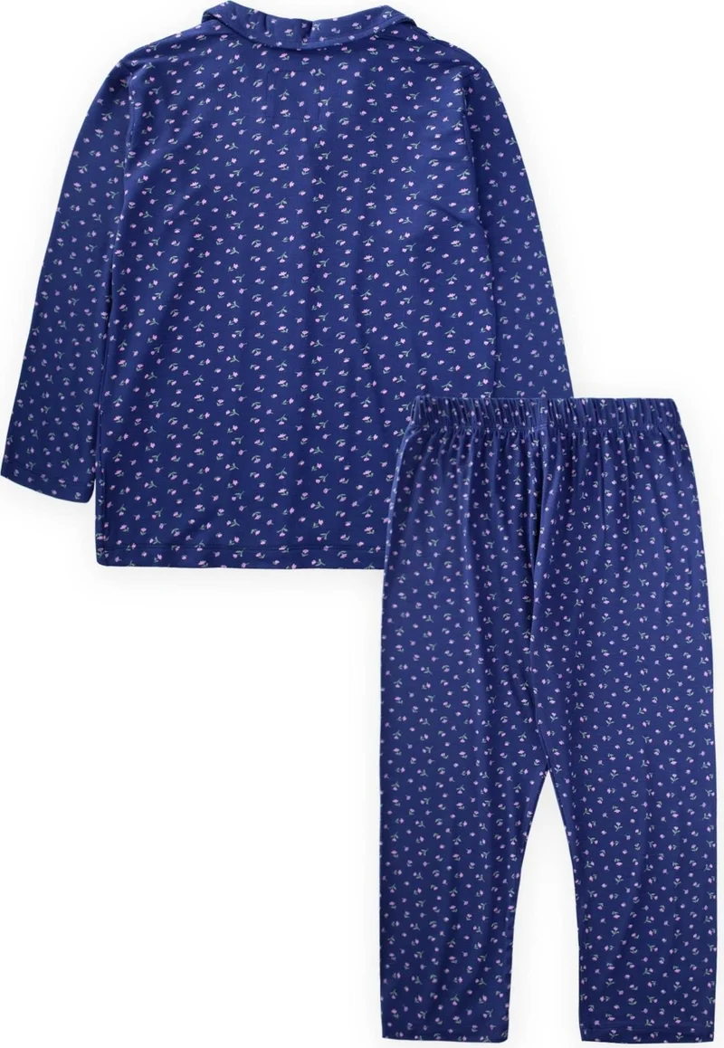 Cigit Flowy Shirt Collar Pajama Set 3-9 Years Indigo Blue