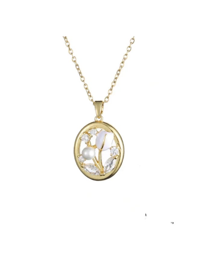 The Black Pearl Accessories Stainless Steel Necklace with a White Zirconic Rose Pendant - Image 1
