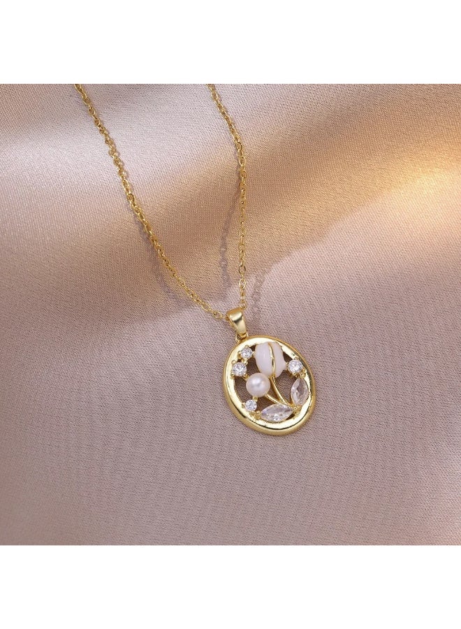 The Black Pearl Accessories Stainless Steel Necklace with a White Zirconic Rose Pendant - Image 2