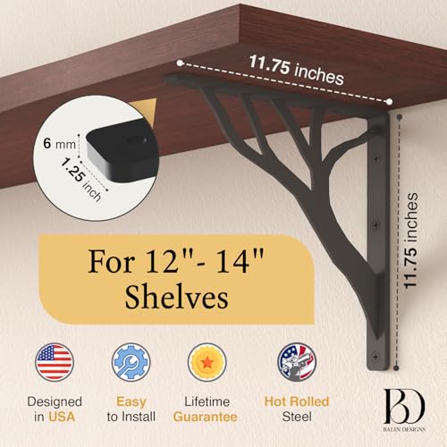 Balin Designs Rustic Tree Black Heavy Duty Shelf Brackets 12 inch by Balin Designs, Decorative L Brackets, Iron Metal Floating Shelf Bracket, Wall Mount Shelving Bracket, Included Hardware, Set of 2 - Image 3