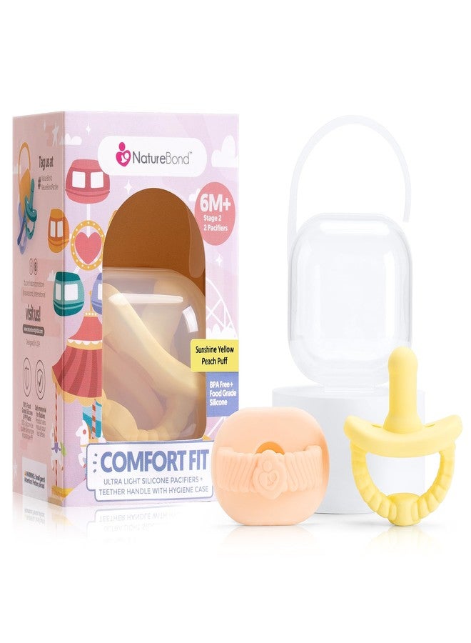 NatureBond Baby Pacifier Soother Silicone Binky Newborn Teether Pacifiers 2 in 1, Curved for Comfort | Hygiene Cover (Above 6 Months, Sunshine Yellow and Peach Puff) - Image 1