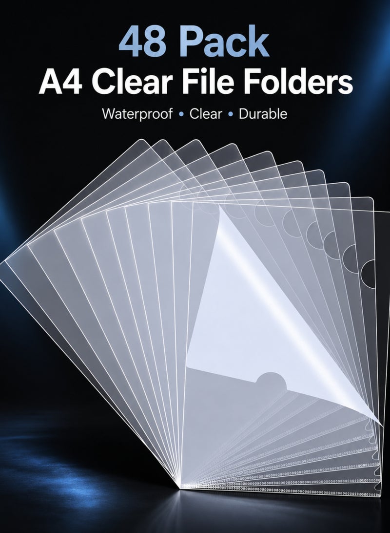 MOMENT 48 Pack Waterproof Clear File, A4 Plastic Transparent Folders A4 L-Type Transparent Pockets Folder, Clear Pockets Perfect Folder Plastic Or Document Covers For Office Or School Work - Image 1