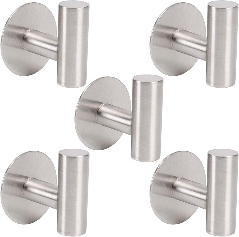 TocTen Bath Towel Hook, Strong Self Adhesive Robe Hook, SUS 304 Stainless Steel Stick on Wall Coat Hook No Drilling, Shower Wall Hook for Bathroom Kitchen Office Closet(Brushed Nickel, 5 Pack) - Image 1