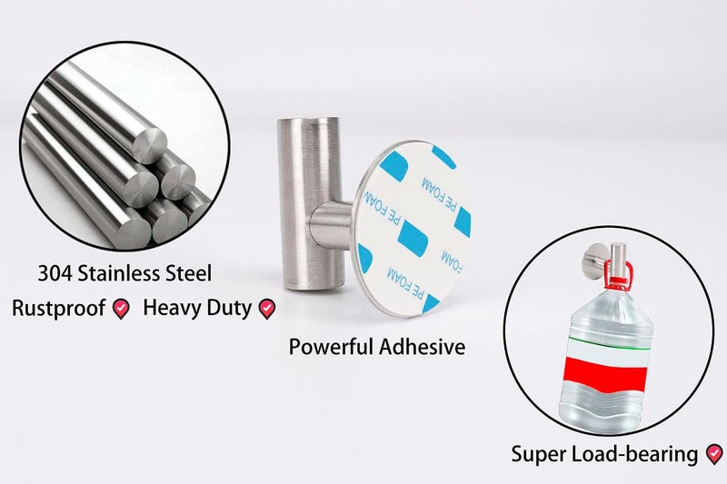 TocTen Bath Towel Hook, Strong Self Adhesive Robe Hook, SUS 304 Stainless Steel Stick on Wall Coat Hook No Drilling, Shower Wall Hook for Bathroom Kitchen Office Closet(Brushed Nickel, 5 Pack) - Image 4