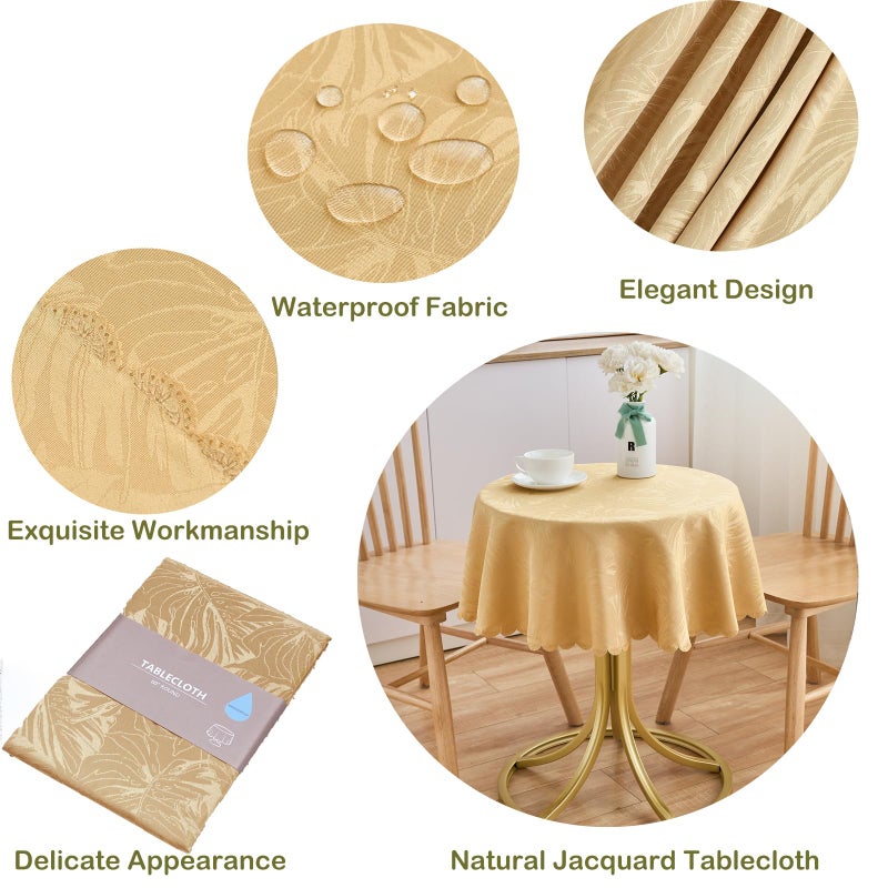 EFFICINATURE Round Tablecloth Golden Small 40 Inch Table Cloths Up to 26"" Dia Tables Leaves Pattern Scalloped Edge Waterproof Jacquard Table Cover-Kitchen Dinner Decor Talking Table Coffee Bar - Image 1