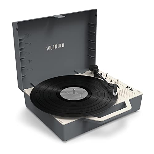 Victrola Re-Spin – Sustainable Suitcase Vinyl Record Player, 3-Speed (33 1/3, 45 & 78 RPM), Belt-Driven Bluetooth Turn Table with Built-in Bass Radiator, 3.5mm Headphone Jack (Gray) - Image 1