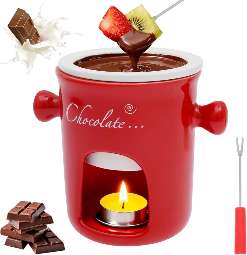 Chocolate Fondue Mug with Fork, 280ml Ceramic Chocolate Fondue Cup Set, Chocolate Melting Mug, Great for Cheese, Butter - Date Nights, Birthdays, Anniversary, Weddings (Red) - Image 1