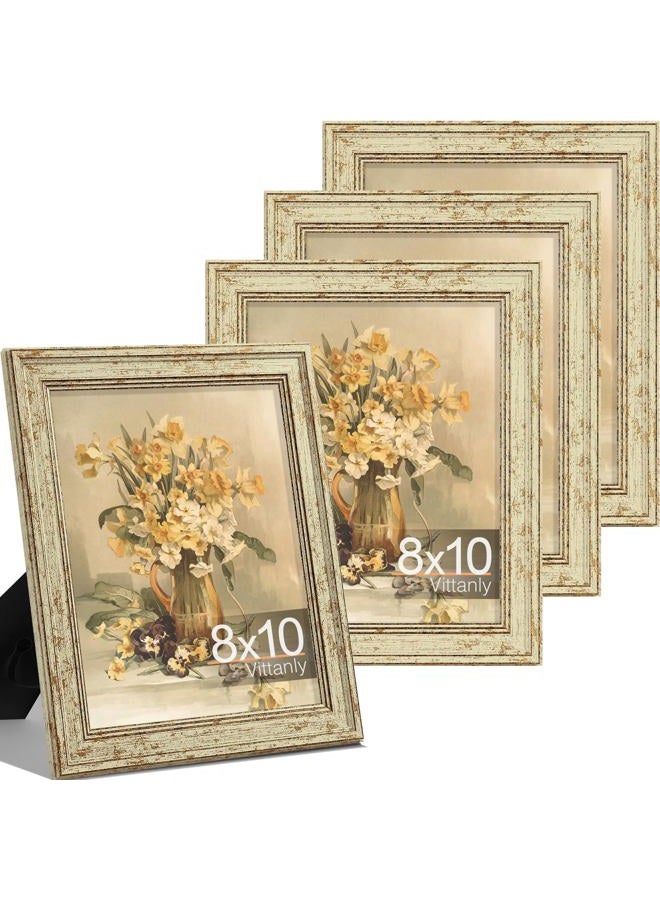 Vittanly طقم إطارات صور 8x10 من 4 قطع، إطار صور عتيق للجدار أو الطاولة، عرض صور 5x7 مع إطار أو 8x10 بدون إطار، ديكور منزلي ريفي، أخضر ذهبي - Image 1