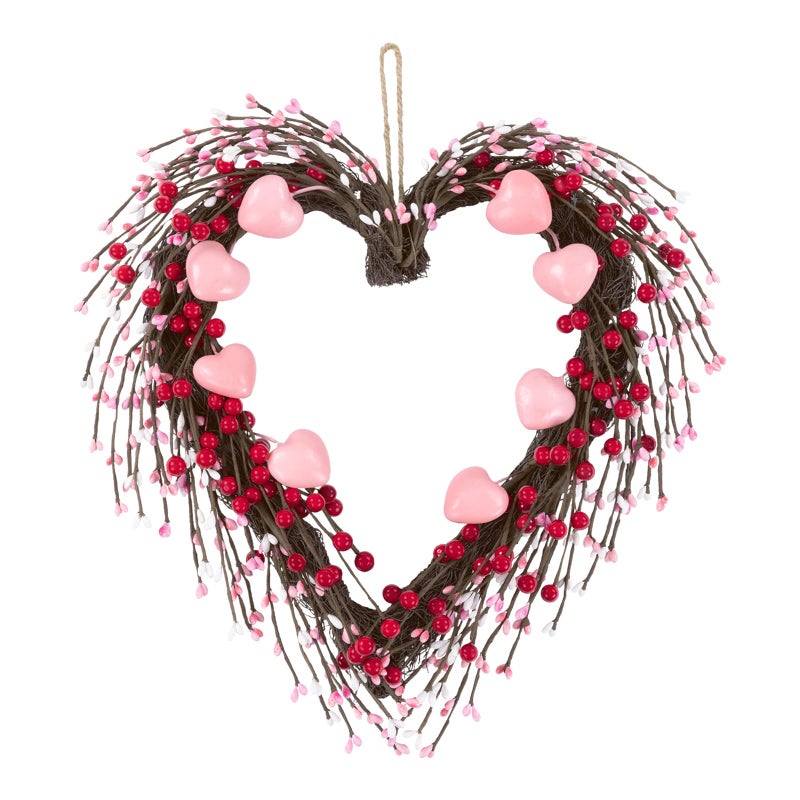 U'Artlines 15 Inch Valentineâ€™s Day Wreath, Pink Heart Shaped Door Wreath with Cute Berries for Valentineâ€™s Day Gift Wedding Anniversary Festival Front Door Wall Decor - Image 1