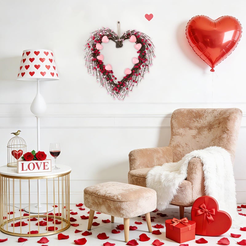 U'Artlines 15 Inch Valentineâ€™s Day Wreath, Pink Heart Shaped Door Wreath with Cute Berries for Valentineâ€™s Day Gift Wedding Anniversary Festival Front Door Wall Decor - Image 5