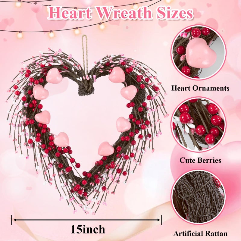 U'Artlines 15 Inch Valentineâ€™s Day Wreath, Pink Heart Shaped Door Wreath with Cute Berries for Valentineâ€™s Day Gift Wedding Anniversary Festival Front Door Wall Decor - Image 4