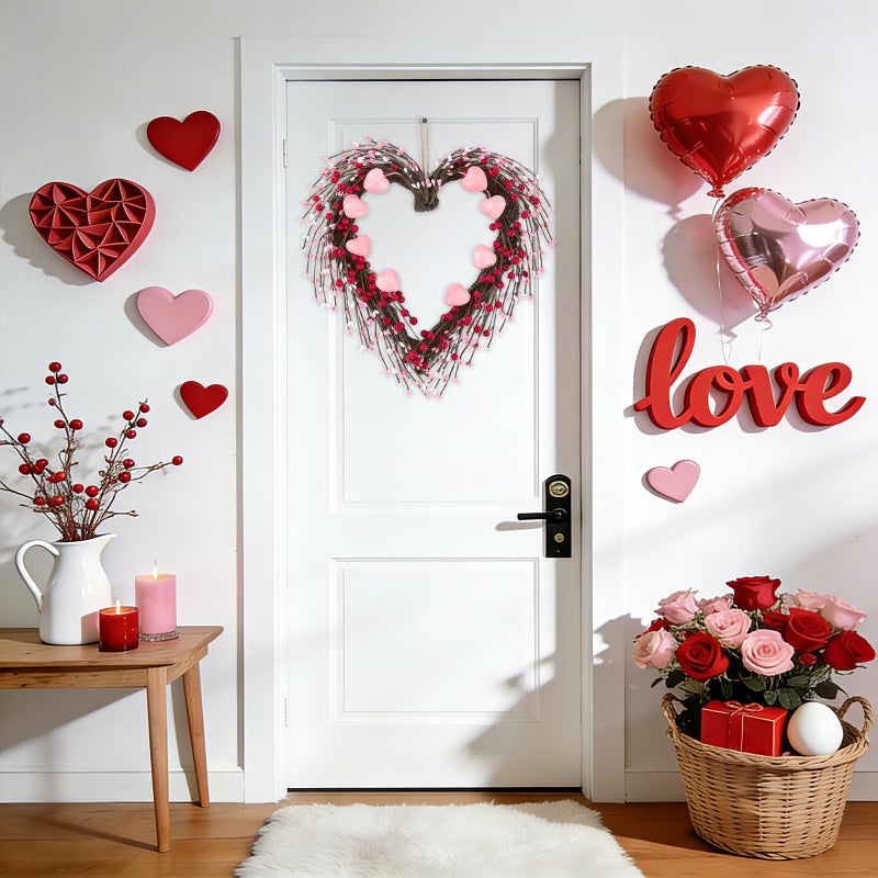 U'Artlines 15 Inch Valentineâ€™s Day Wreath, Pink Heart Shaped Door Wreath with Cute Berries for Valentineâ€™s Day Gift Wedding Anniversary Festival Front Door Wall Decor - Image 2