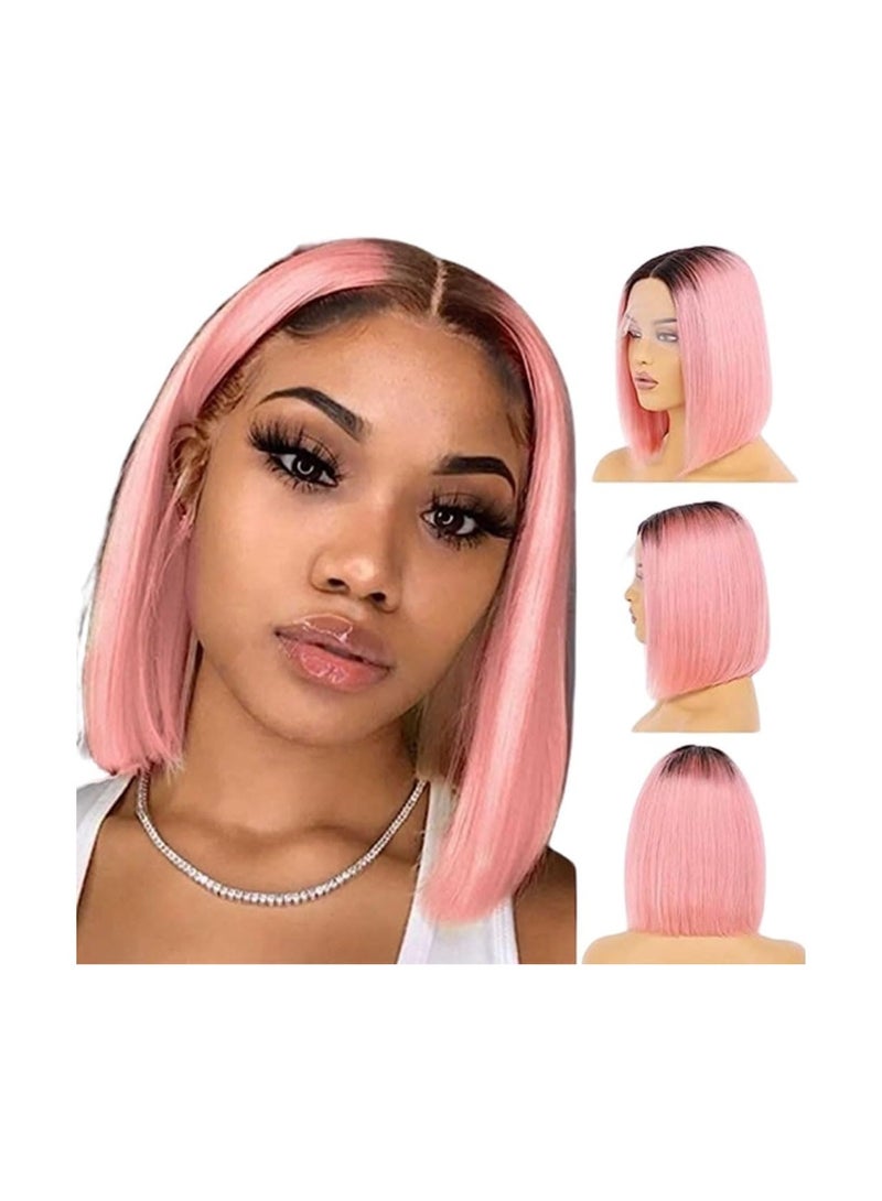 Estelle Lace Front Human Hair Bob Wig, Pre Plucked Hairline Short Lace Front Bob Wig for Women (12in, T black/hotpink) - Image 1