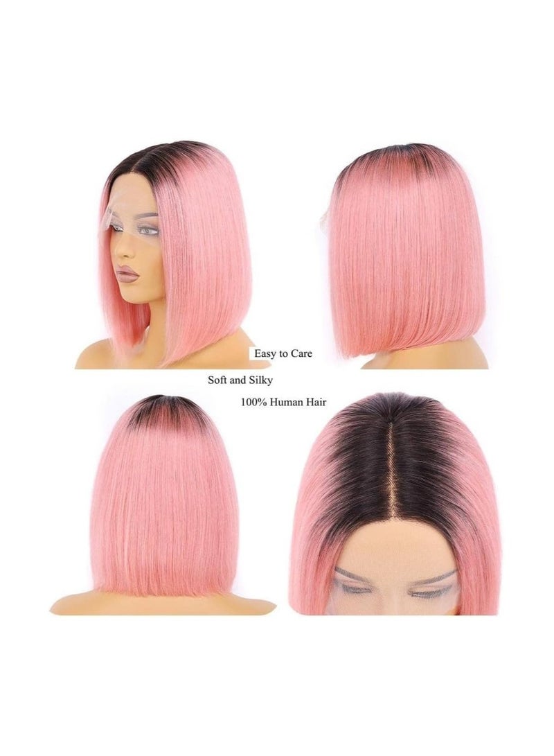 Estelle Lace Front Human Hair Bob Wig, Pre Plucked Hairline Short Lace Front Bob Wig for Women (12in, T black/hotpink) - Image 2