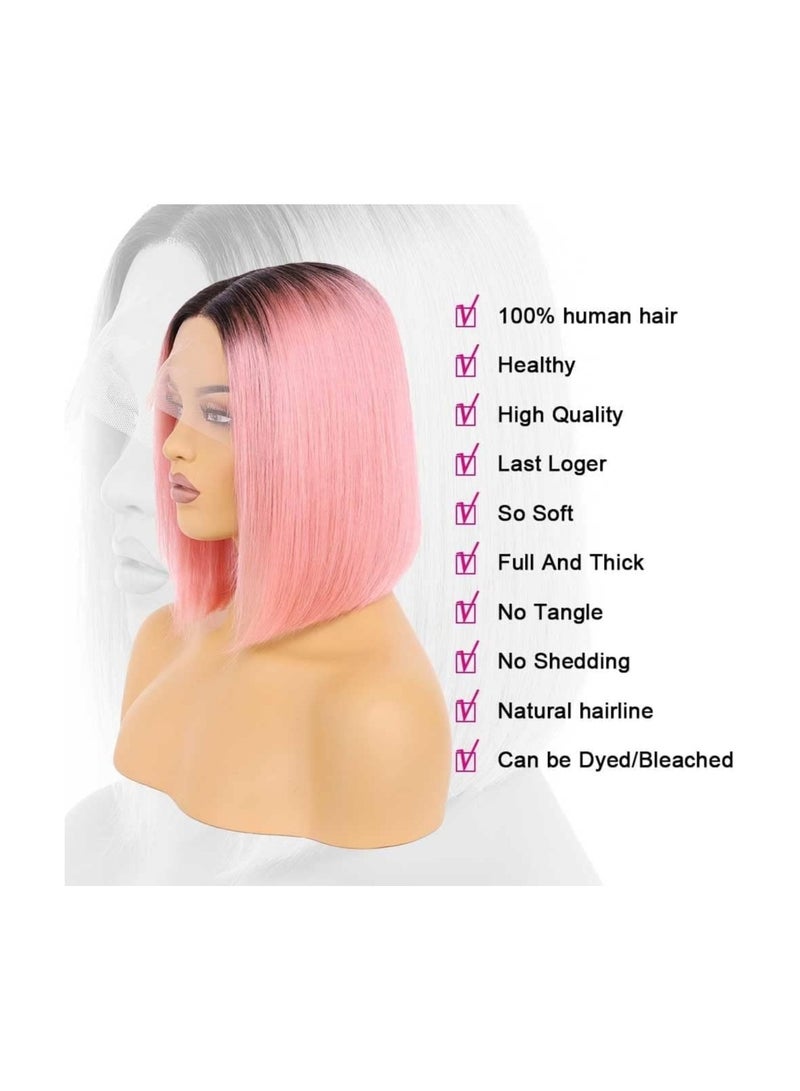 Estelle Lace Front Human Hair Bob Wig, Pre Plucked Hairline Short Lace Front Bob Wig for Women (12in, T black/hotpink) - Image 3