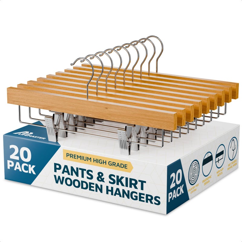 LifeMaster Natural Color Wooden Pants Hangers 20 Pack, Lotus Wood Hanger with Adjustable Non-Slip Clips, Heavy Duty 10 lb Capacity, 360Â° Swivel Hook, Slim, Space-Saving Design for Slacks, Jeans, Skirts - Image 1
