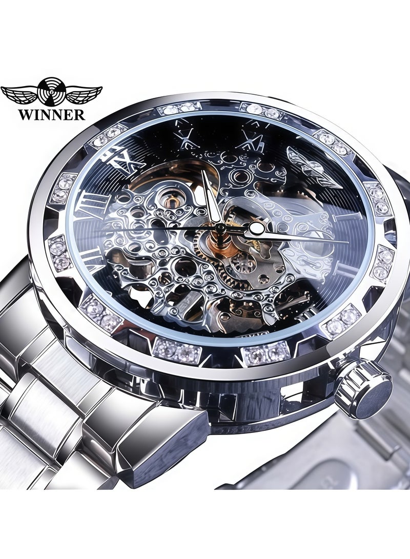 وينر ساعة رجالية أنيقة وعملية بهيكل عظمي يدوي مرصع بأحجار الراين