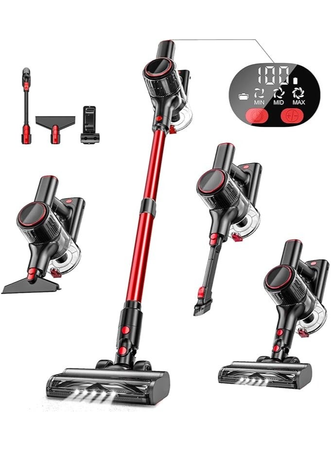 A27R Cordless Vacuum Cleaner, 30Kpa Powerful Suction Stick Vacuum with LED Display, 3 Modes Suction, Anti-Tangle & 1.5L Dust Cup, 8-in-1 Lightweight Vacuum for Hardwood Floor/Carpet/Pet Hair, Red