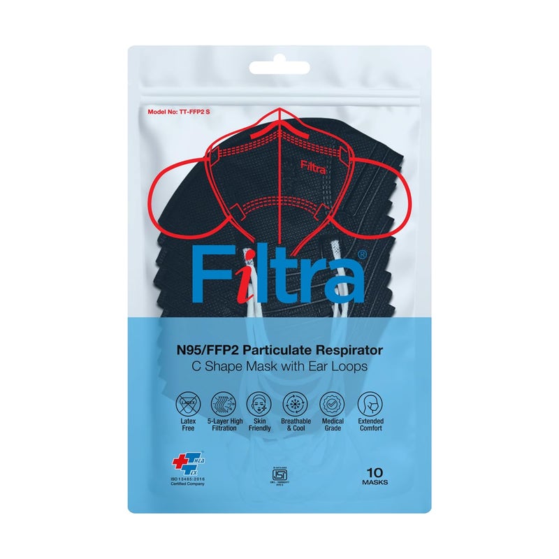 Filtra ® N95 Mask with Ear Loops | FFP2 Mask with Ear Loops | BIS Certified | 5 Layer & Thick Ear Loops | High Filtration | Zip Lock Travel Pouch of 10 Masks - Image 1