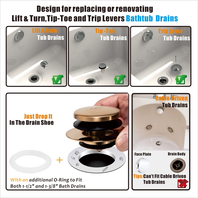Artiwell Champagne Bronze Universal Tub Drain Tip Toe Tub Conversion Kit Assembly Artiwell Ez Installation Bathtub Drain Replacement Trim Kit With 1-Hole Overflow Face Plate And Pop-Up Tub Stopper - Image 2