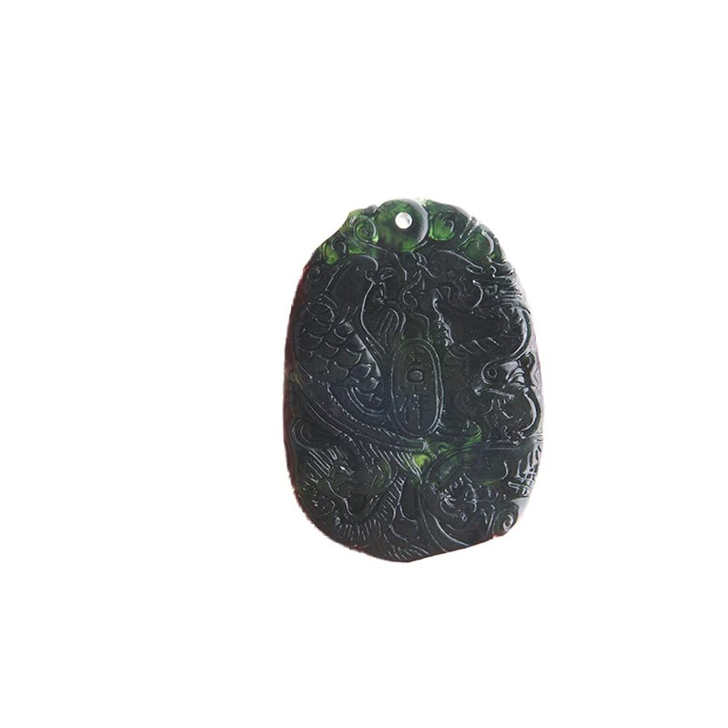 Acxico 1 pcs Natural Black Green Jade Carved Dragon Phoenix Necklace Pendant