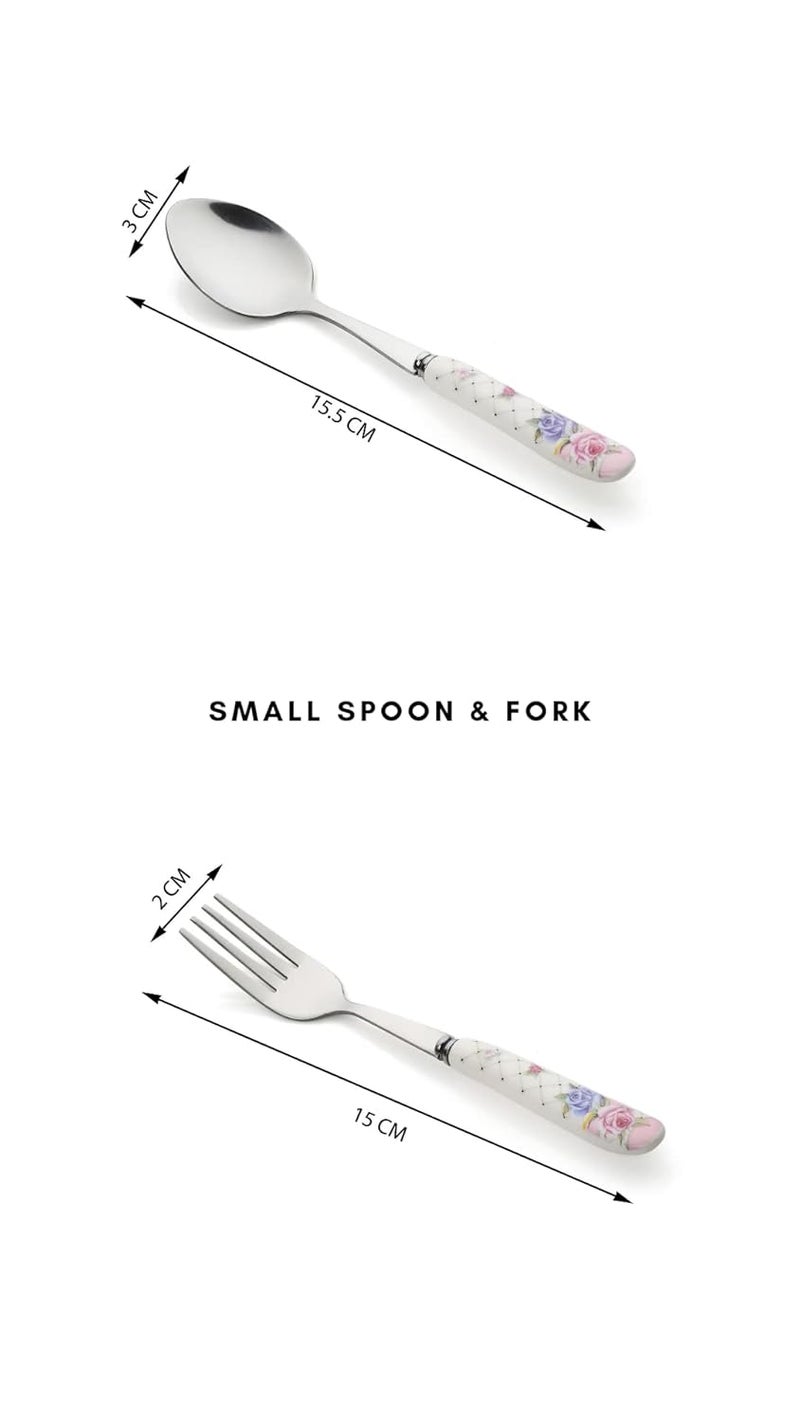 MGeezz Floral Stainless Steel Spoon Fork Set Kitchen Cutlery Dinner Table Spoon Round Edge with Ceramic Handle Serving Spoons and Kata ChamachFloral 6 Small Spoon 6 Small Fork - Image 2