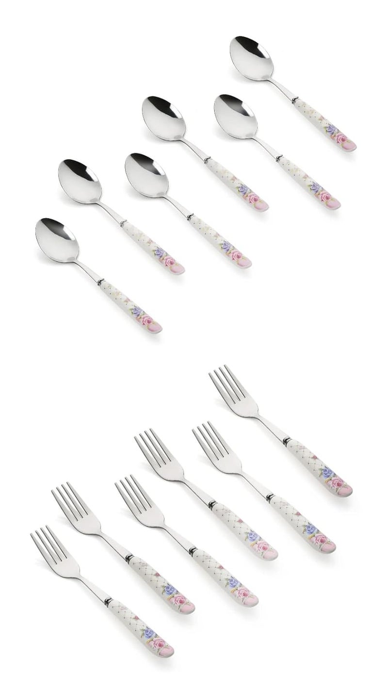 MGeezz Floral Stainless Steel Spoon Fork Set Kitchen Cutlery Dinner Table Spoon Round Edge with Ceramic Handle Serving Spoons and Kata ChamachFloral 6 Small Spoon 6 Small Fork - Image 1