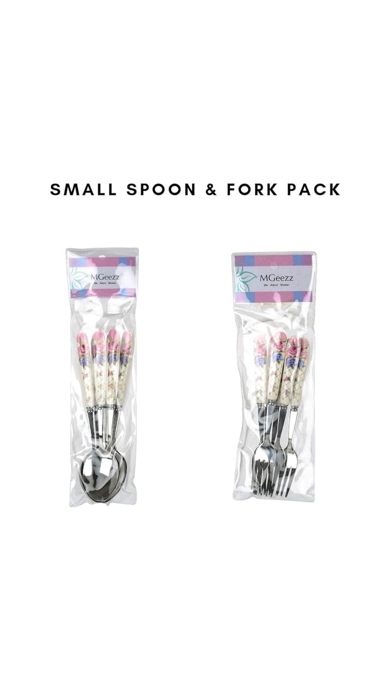 MGeezz Floral Stainless Steel Spoon Fork Set Kitchen Cutlery Dinner Table Spoon Round Edge with Ceramic Handle Serving Spoons and Kata ChamachFloral 6 Small Spoon 6 Small Fork - Image 4