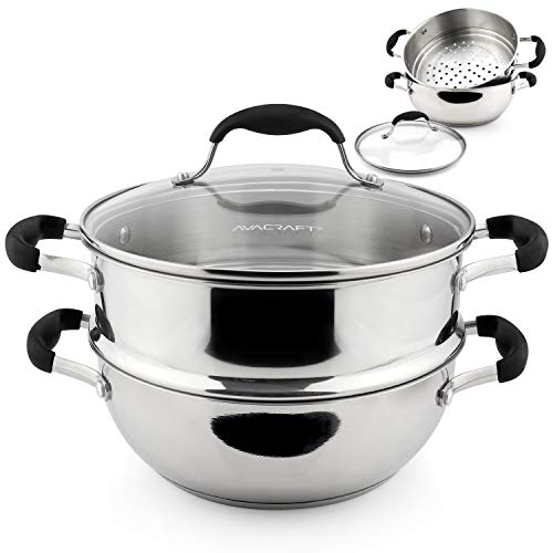 AVACRAFT 18/10, 3 Piece Stainless Steel Cooking Pot Set with Glass Lid, Momo Maker, Induction Steamer Pot - Image 1