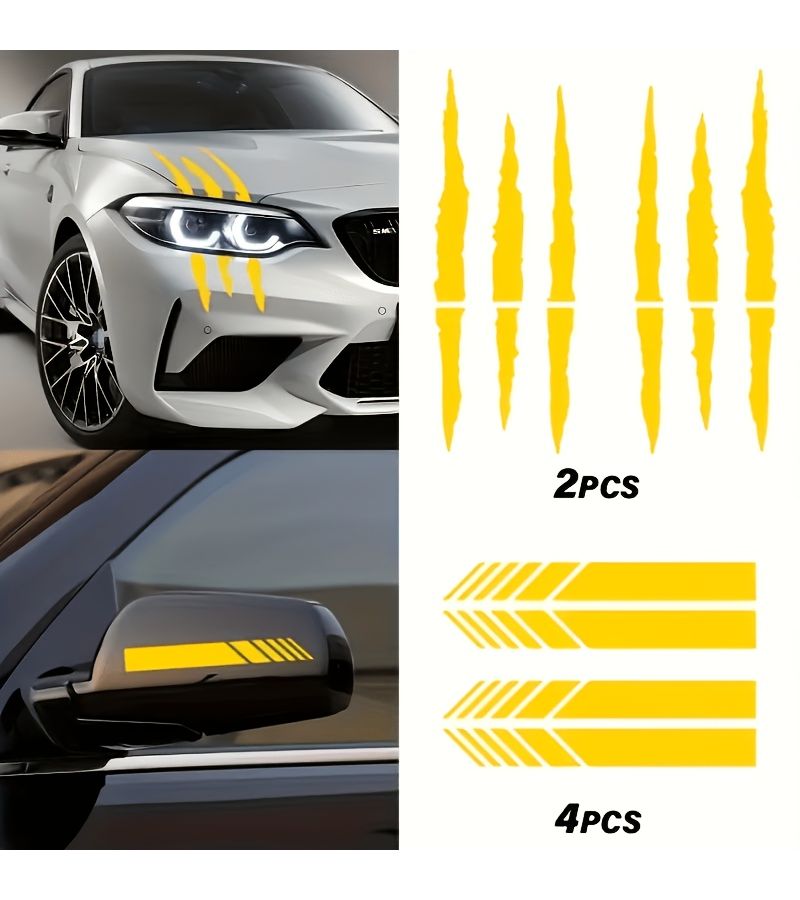 6 Pieces Universal Classic Scratch Stripe Claw Marks Rearview Mirror Reflective Car Stickers Yellow Self Adhesive JDM Vinyl Decals - Image 5