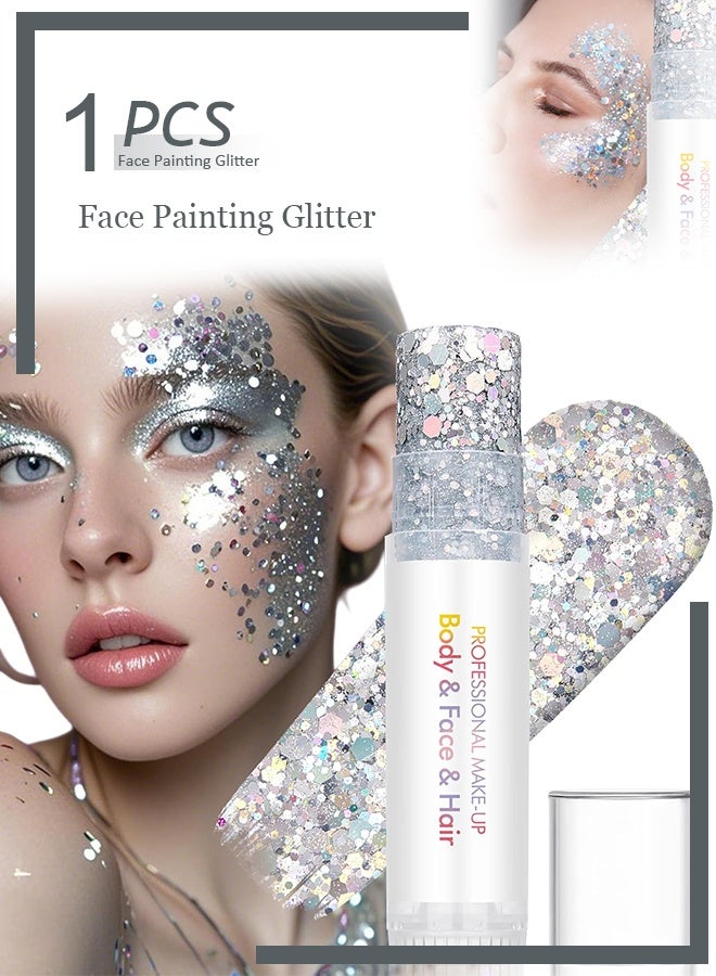 Chunky Glitter Stick for Face Body and Hair – Silver Holographic Iridescent Makeup Highlighter, Easy Application Mess Free Long Lasting – Festival Glitter for Women Halloween Birthday Christmas Party - Image 1