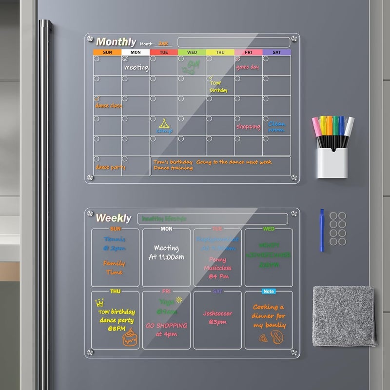 Bailkind Acrylic Magnetic Dry Erase Board for Fridge, Monthly & Weekly Calendar Planner Note Board Set for Refrigerator/Glass/Kitchen/Office, 6 Colors Markers (2-Pack, 17"x12") - Image 1