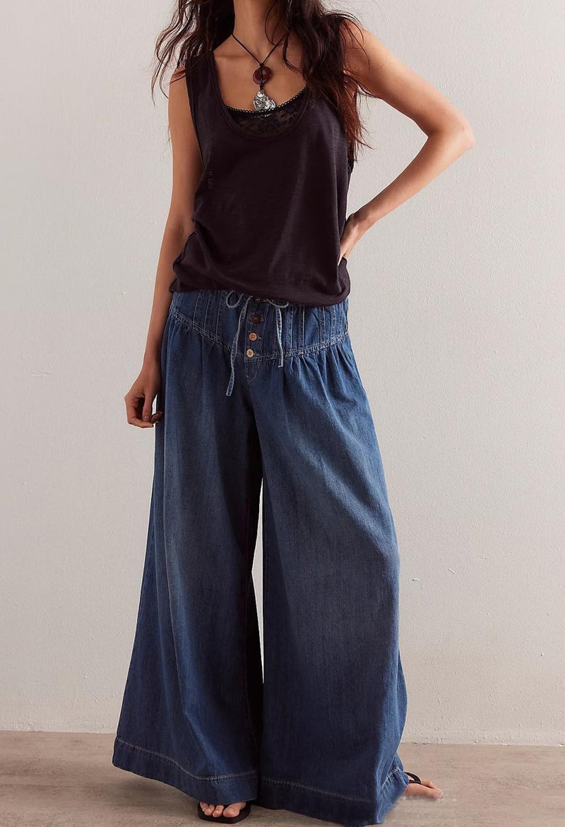 loveimgs Women Y2k Pleated Baggy Jeans Elastic Waist Wide Leg Denim Pants Palazzo Cargo Barrel Jeans Drawstring (Small,Dark Blue) - Image 5