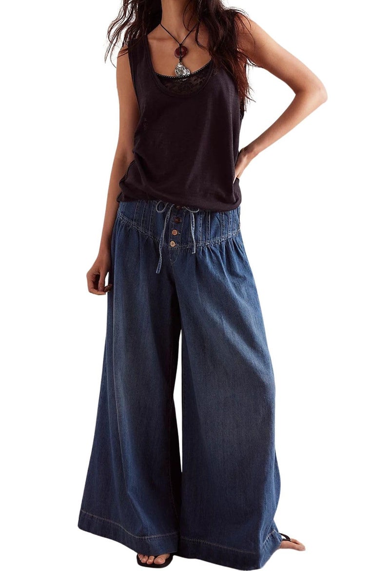 loveimgs Women Y2k Pleated Baggy Jeans Elastic Waist Wide Leg Denim Pants Palazzo Cargo Barrel Jeans Drawstring (Small,Dark Blue) - Image 1