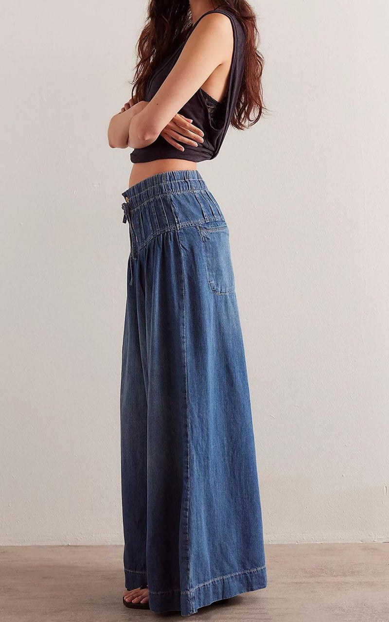loveimgs Women Y2k Pleated Baggy Jeans Elastic Waist Wide Leg Denim Pants Palazzo Cargo Barrel Jeans Drawstring (Small,Dark Blue) - Image 3