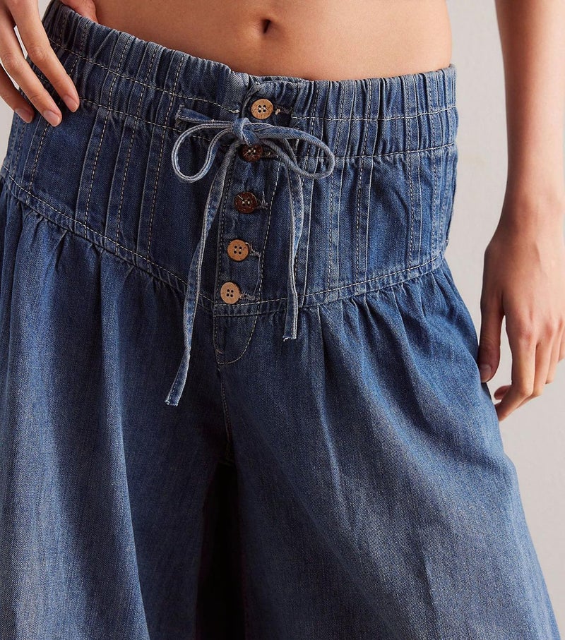 loveimgs Women Y2k Pleated Baggy Jeans Elastic Waist Wide Leg Denim Pants Palazzo Cargo Barrel Jeans Drawstring (Small,Dark Blue) - Image 4
