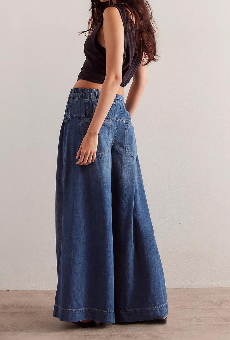 loveimgs Women Y2k Pleated Baggy Jeans Elastic Waist Wide Leg Denim Pants Palazzo Cargo Barrel Jeans Drawstring (Small,Dark Blue) - Image 2
