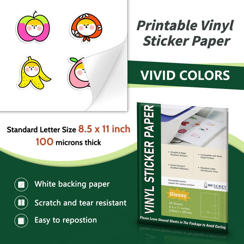 BETCKEY Glossy Printable Vinyl Sticker Paper for Inkjet & Laser Printer - 30 Sheets - 8.5" x 11" - Waterproof, Dries Quickly Vivid Colors - Image 2