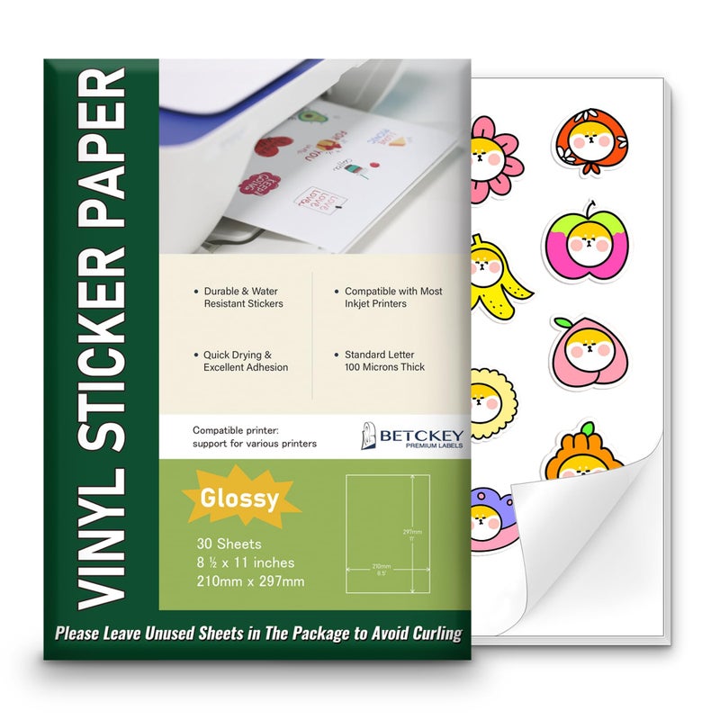 BETCKEY Glossy Printable Vinyl Sticker Paper for Inkjet & Laser Printer - 30 Sheets - 8.5" x 11" - Waterproof, Dries Quickly Vivid Colors - Image 1