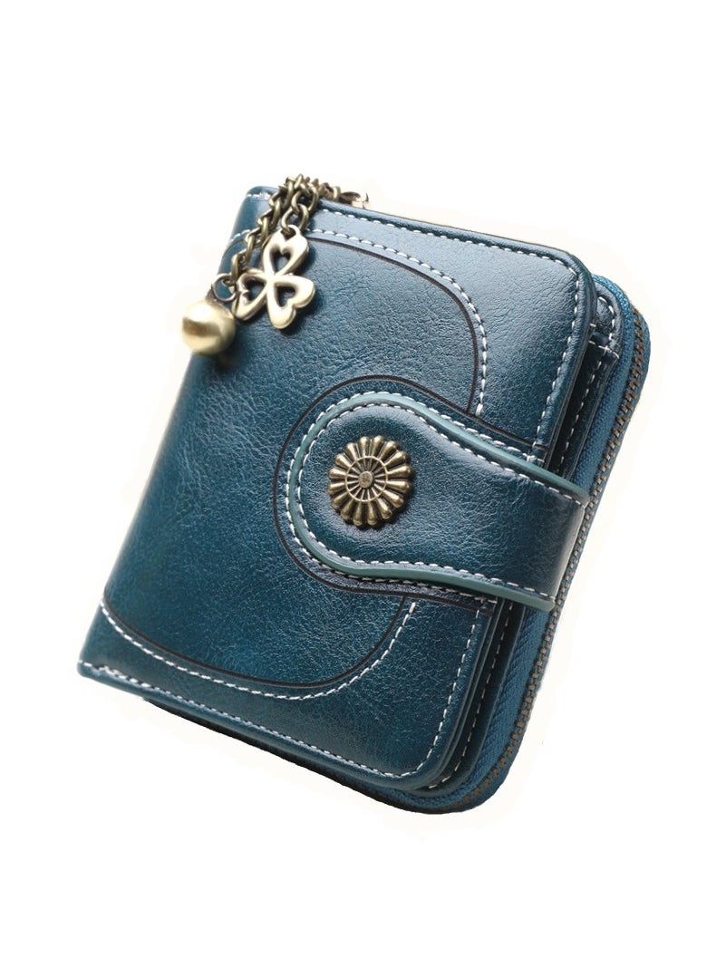 BODY & EARTH - Vintage Oil-Waxed Leather Wallet for Women - Compact Bi-Fold Design with Zipper Coin Pocket and Multiple Card Slots, Teal Green - Image 1